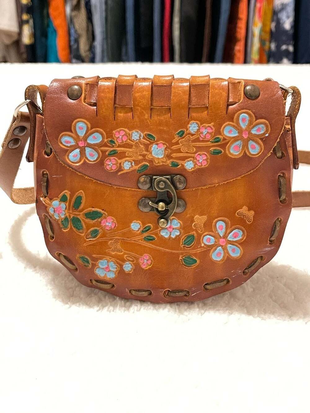 Vintage Hand-Tooled Hand-Painted Leather Floral Boho Crossbody Bag